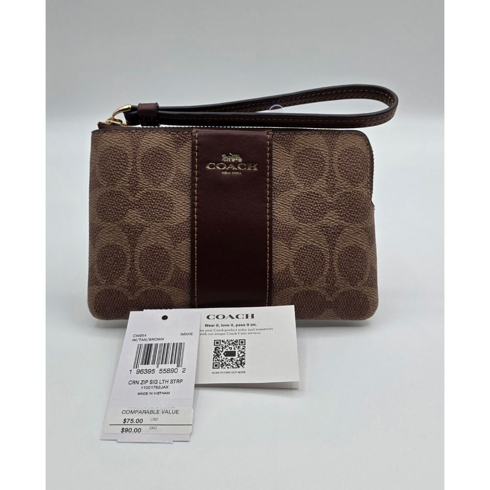 NWT COACH Corner Zip Wristlet Signature Canvas Tan with Brown Stripe - CW854
